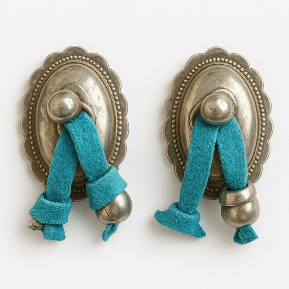 Silver Concho Blue Leather Cord Earrings - Picture 1 of 10